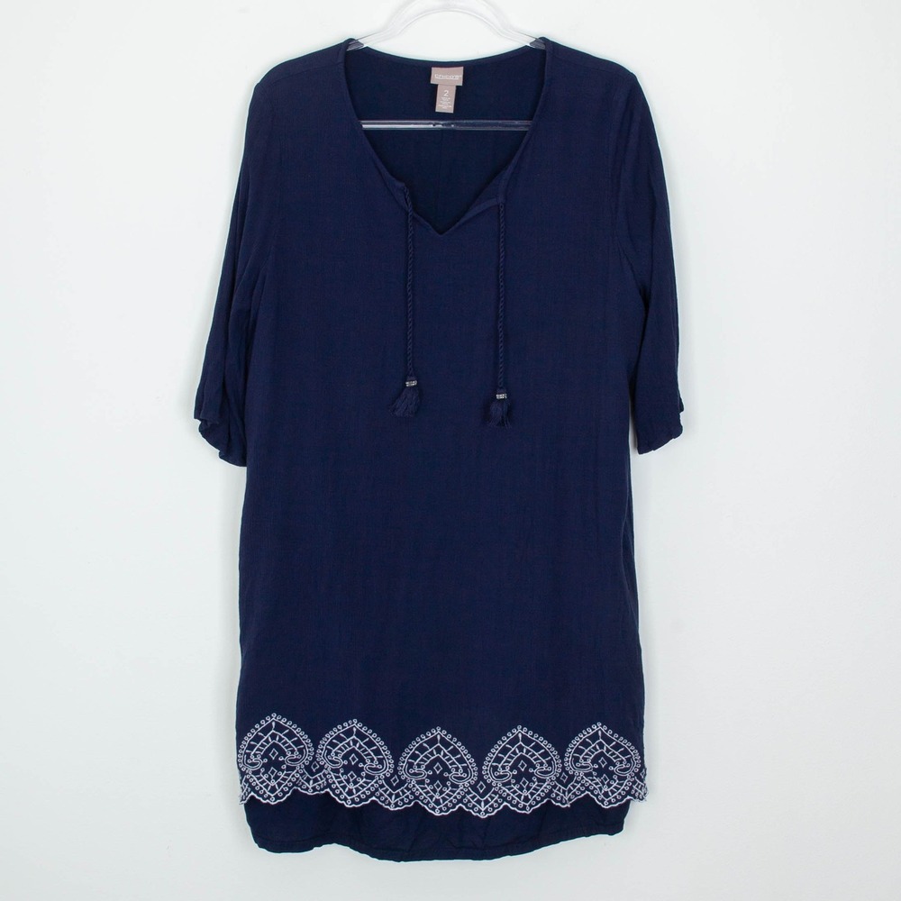 Chicos Womens Embroidered Tassel V Neck 3/4 Sleeve Gauzy Dress Size 2 L Blue